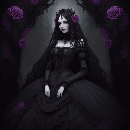 AI generated: a surreal portrait of a gothic princess, in a dark, elaborate, surreal gown, dark, long, wavy hair, ...