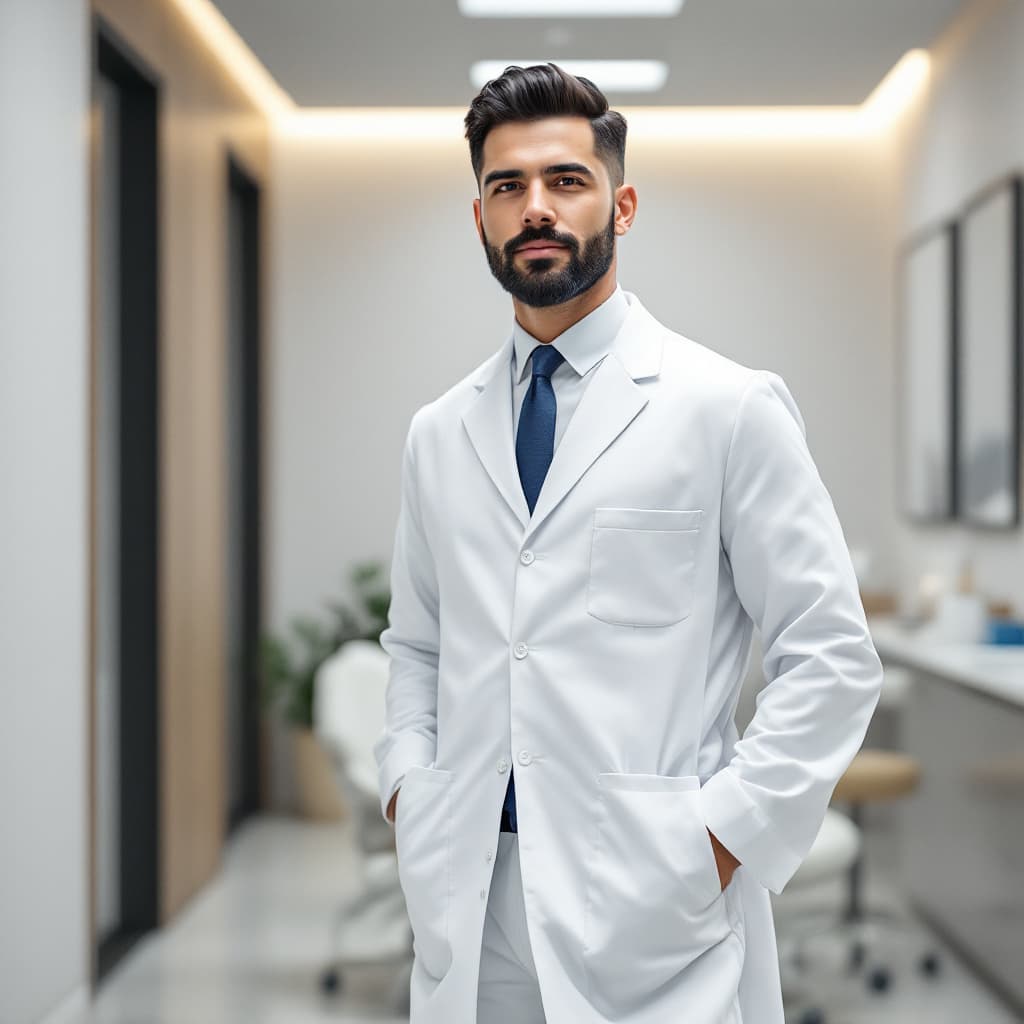 AI generated: Photorealistic portrait, wide viewing angle. A 35-year-old dentist with a short, neatly trimmed blac...