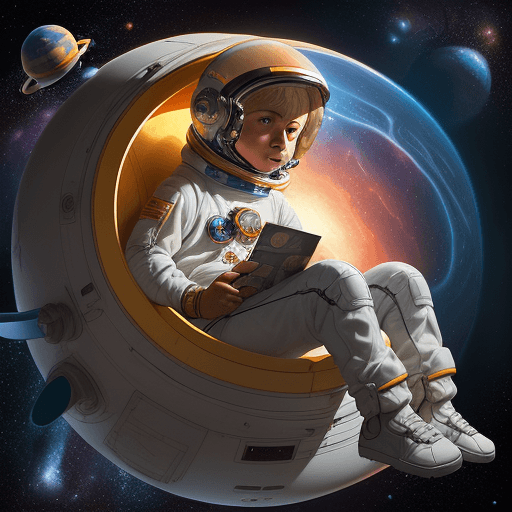 AI generated: a young boy colombiano, blonde hair, wearing an astronaut costume and helmet and an space with sever...