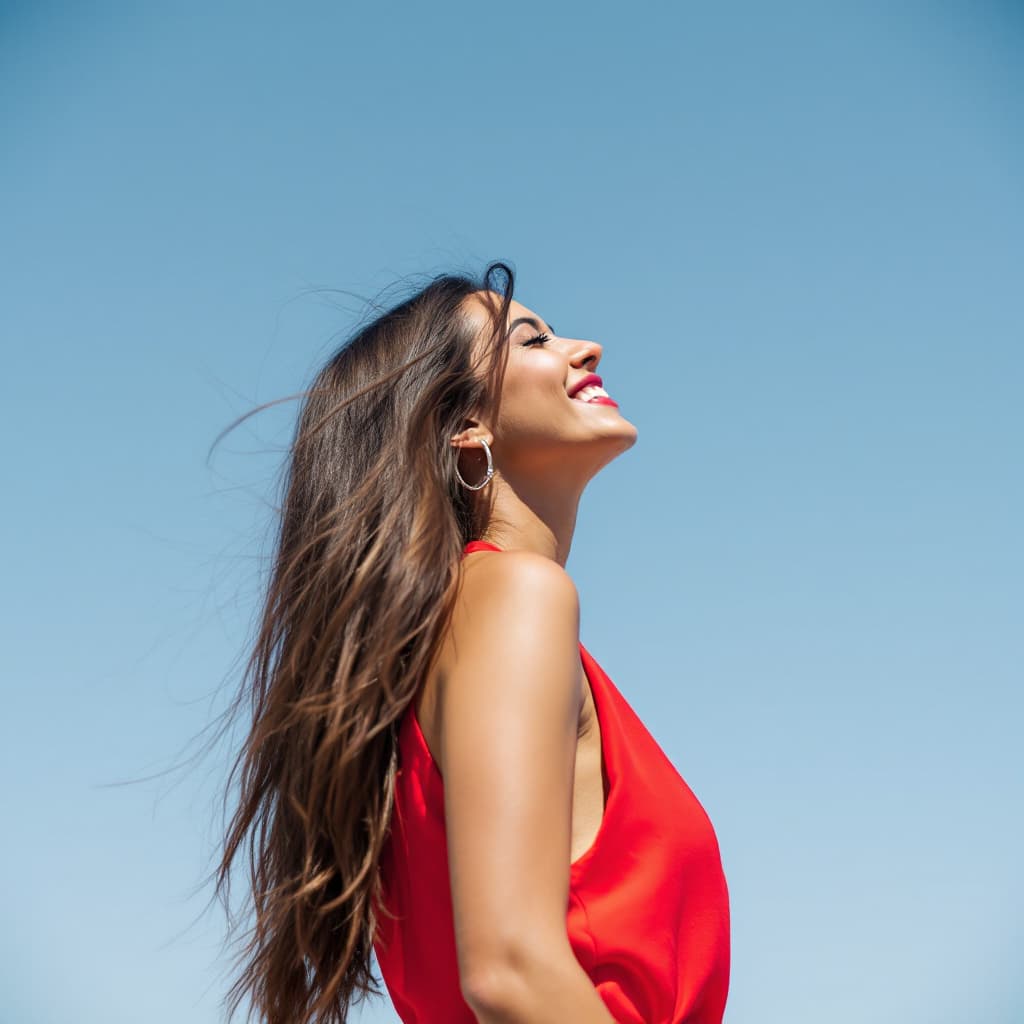 AI generated: A woman, from the side, with long brown hair is captured in a moment of joy. She's wearing a vibrant...