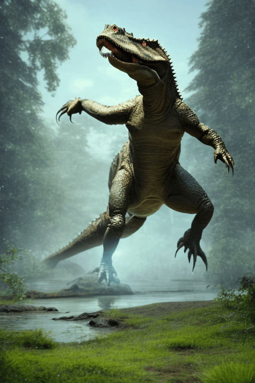AI generated: titanosaurus, giant walking spinosaurus on hind legs, head of a newt, spinosaurus, large dorsal sail...