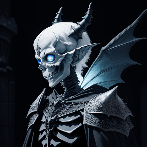 AI generated: head and shoulder face portrait of a Gothic-black filigree imp skeleton dragon knight wearing ornate...