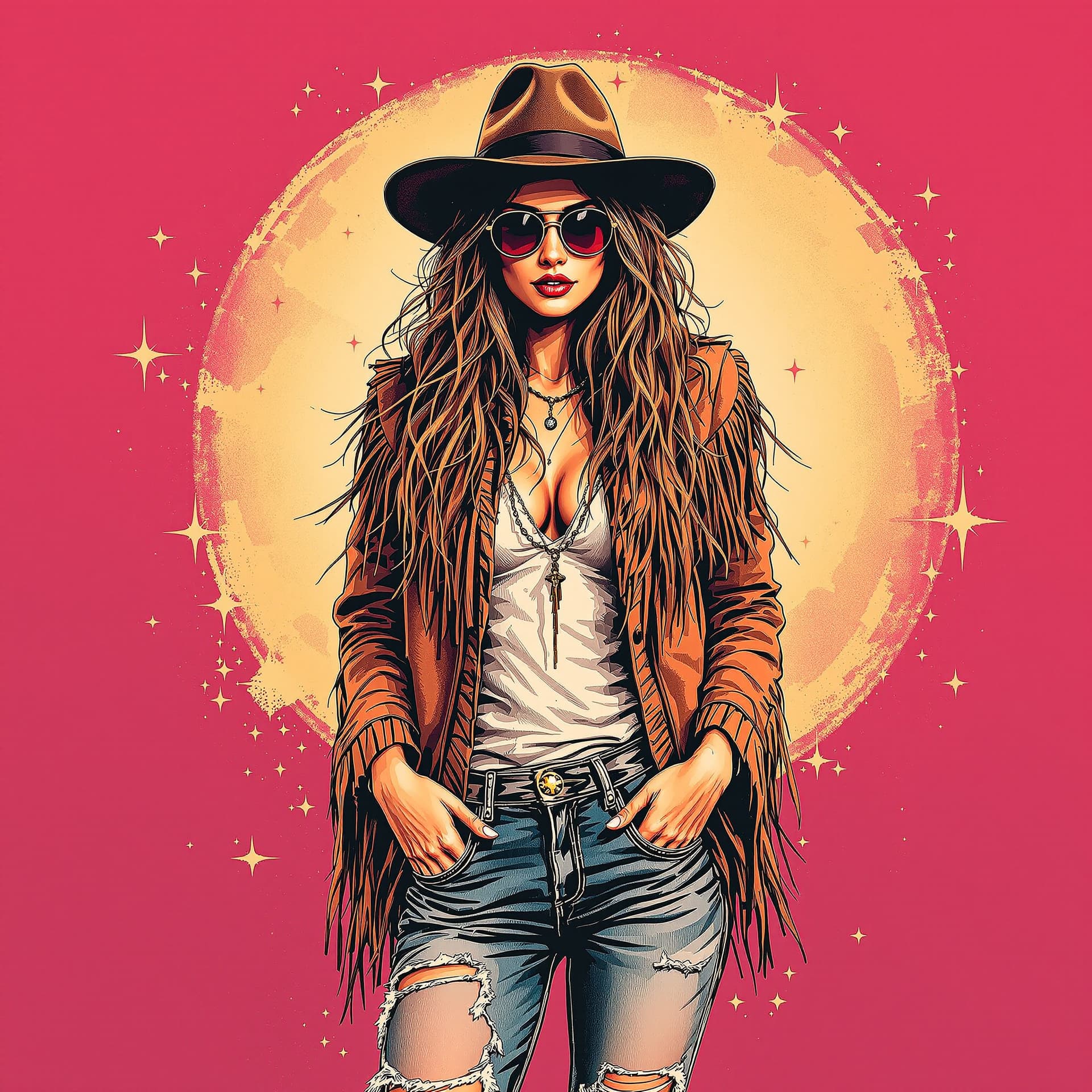 AI generated: pen and ink style stipulated beautiful hippy women wearing a fringe jacket and jeans,
