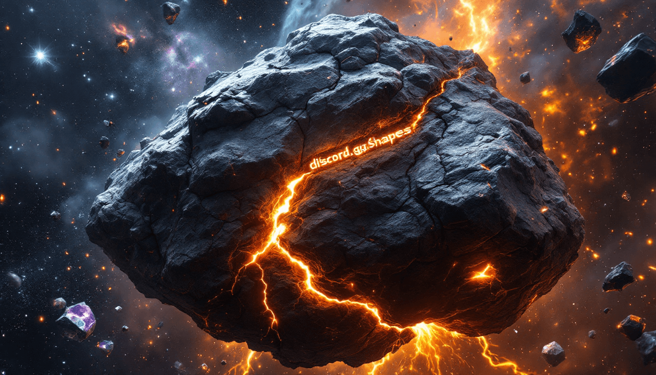 AI generated: A massive, cracked asteroid drifting through space, with molten lava flowing out from its core. On t...