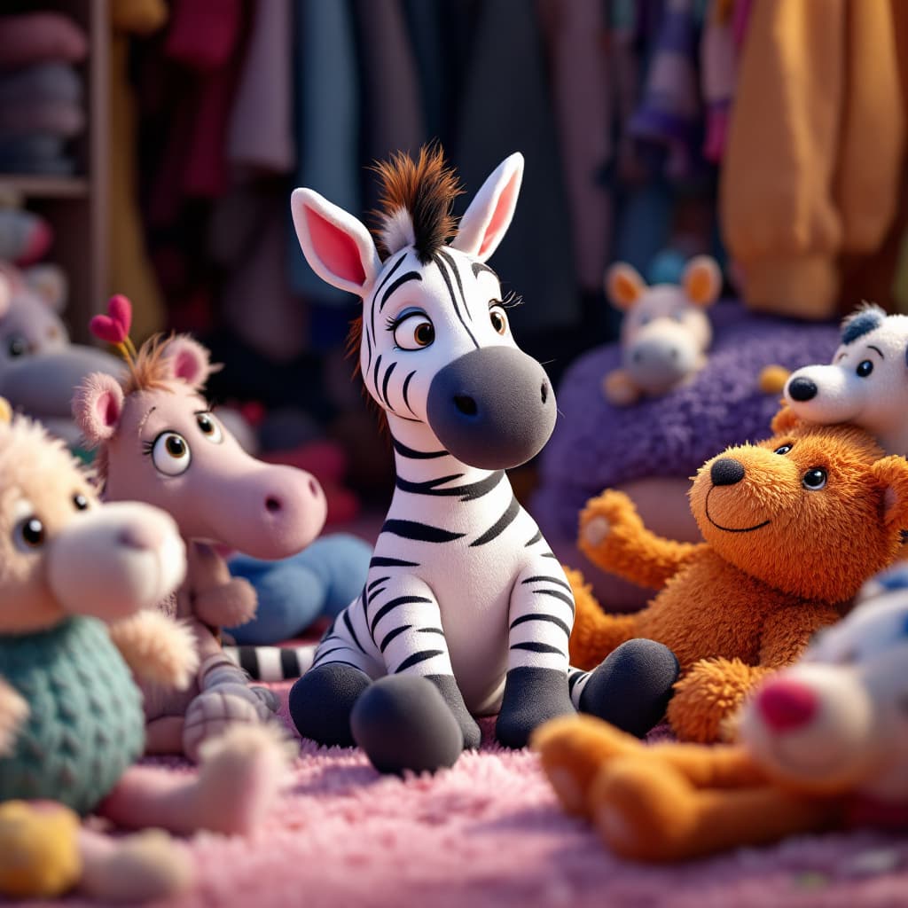 AI generated: (Pixar studio style)+++, (Zeebie the zebra)+, stuffed animal, playing with other stuffed animal frie...
