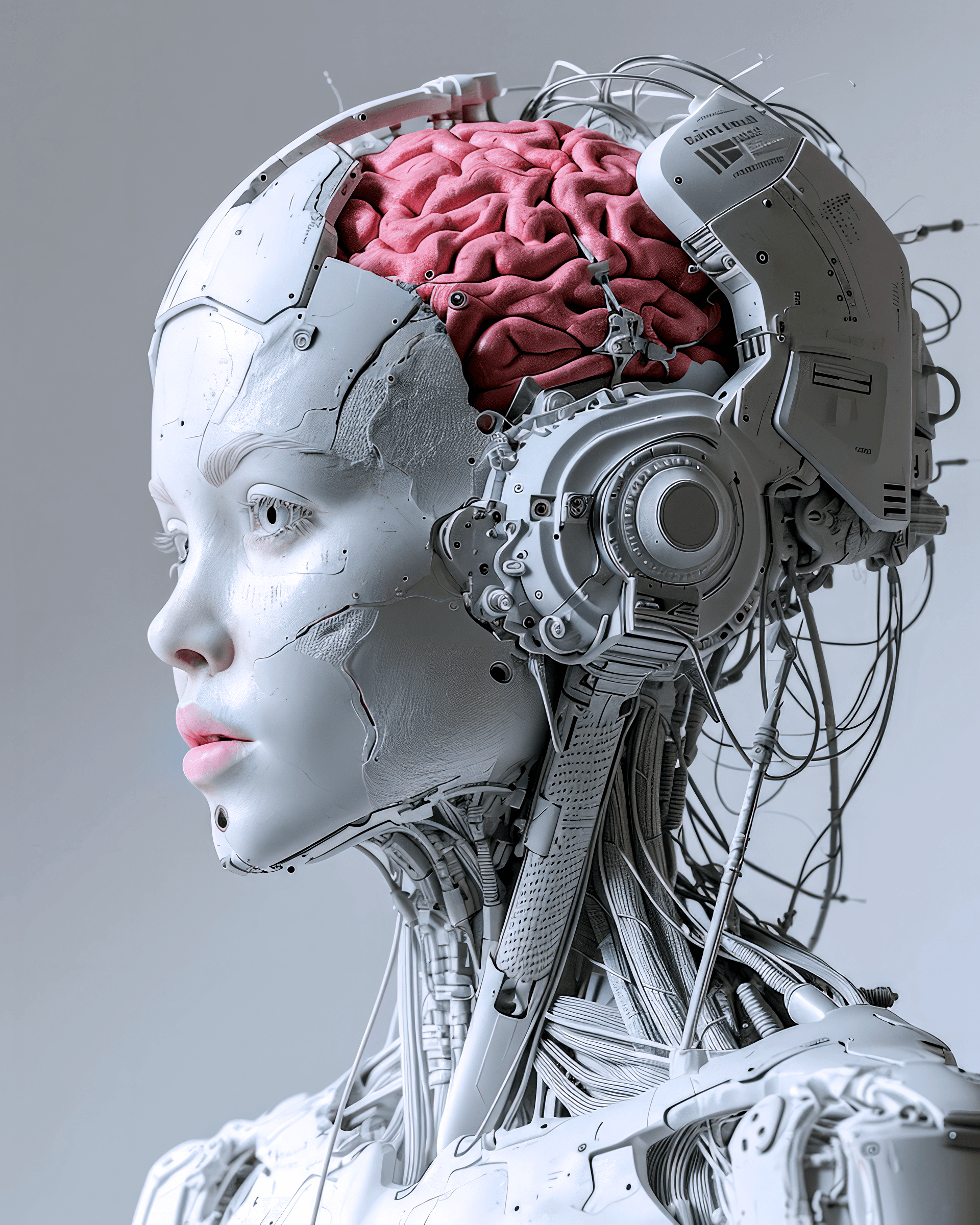 AI generated: electronic system on head humanoid cyborg woman with a visible detailed pink brain, with a visible d...
