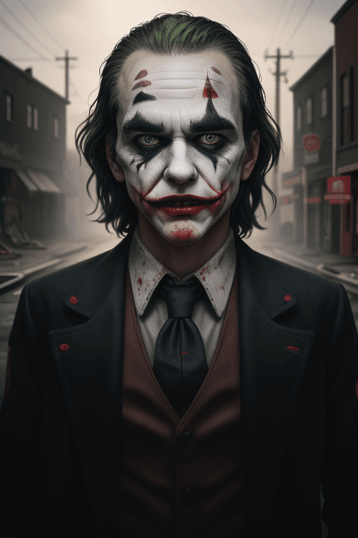 AI generated: Realism, toys, toys photography, joker, toys of joker, bloody, on the street, town, burn town, destr...