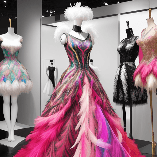 AI generated:   The image features a mannequin wearing a colorful dress. The dress is adorned with a feathered des...