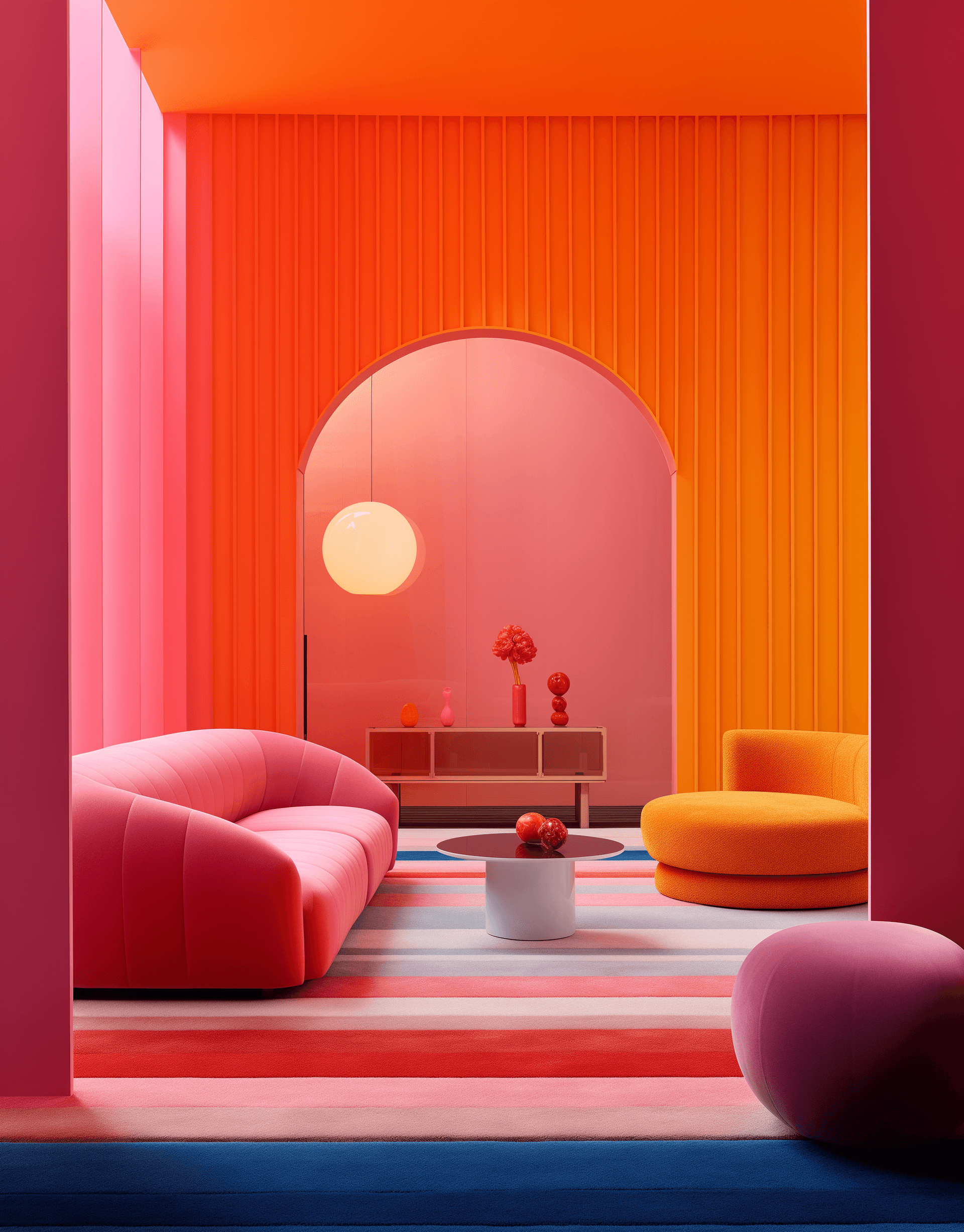 AI generated: interior design, living room in the style of James Turrell and in the style of Kelly Wearstler, pink...