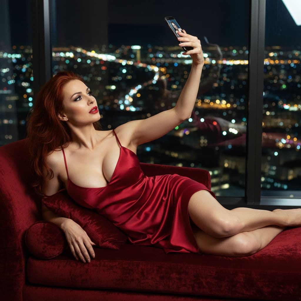 AI generated: 8K RAW cinematic boudoir portrait of a dominant 45-year-old wealthy cougar reclining on a penthouse ...