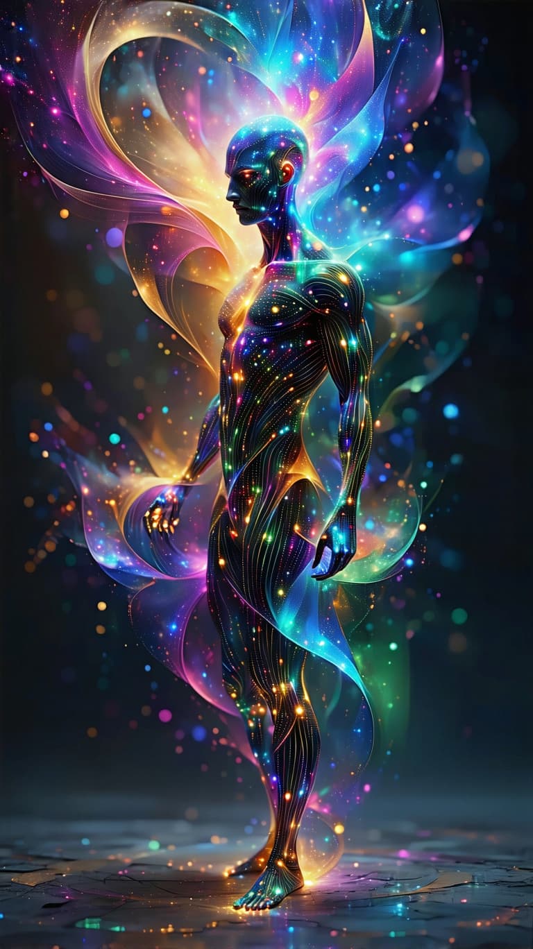 AI generated: A surreal representation of existence as pure energy, showing a humanoid figure made entirely of rad...