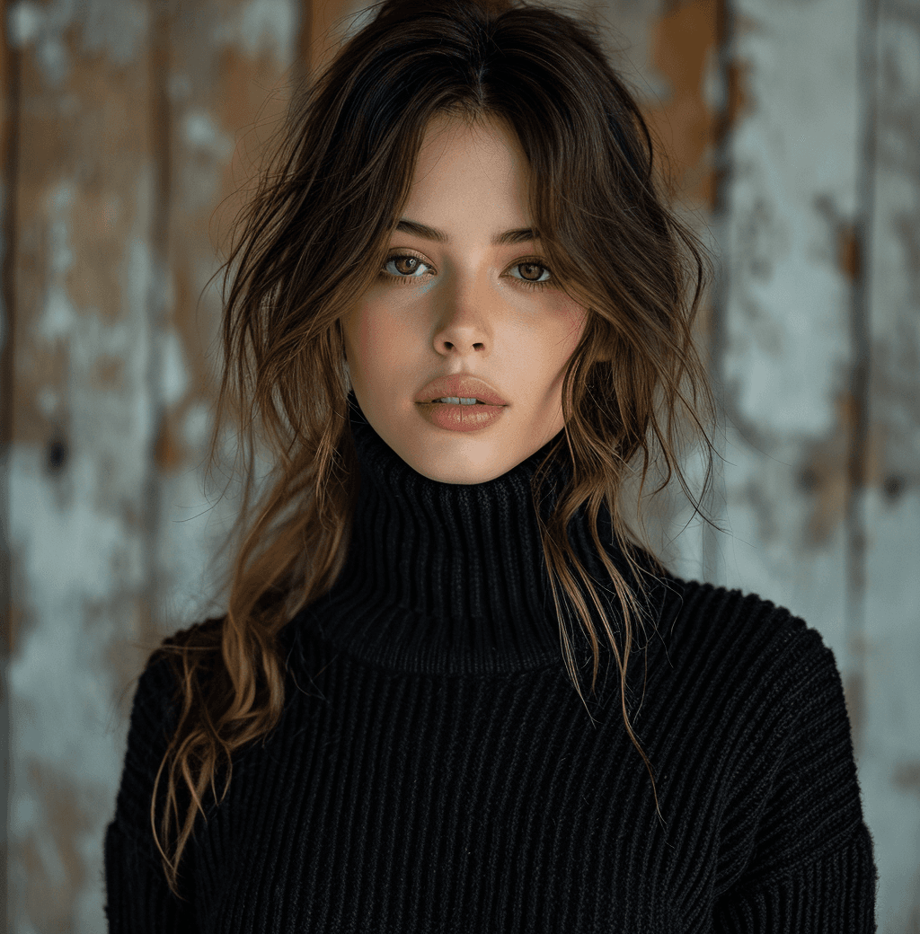 AI generated: womens black ribbed turtleneck sweater, in the style of unconventional poses, cinematic mood, schlie...
