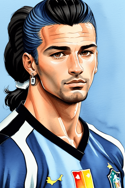 AI generated: Illustration, ink color, gouache watercolor, solo, portrait of a young handsome Italian football sta...