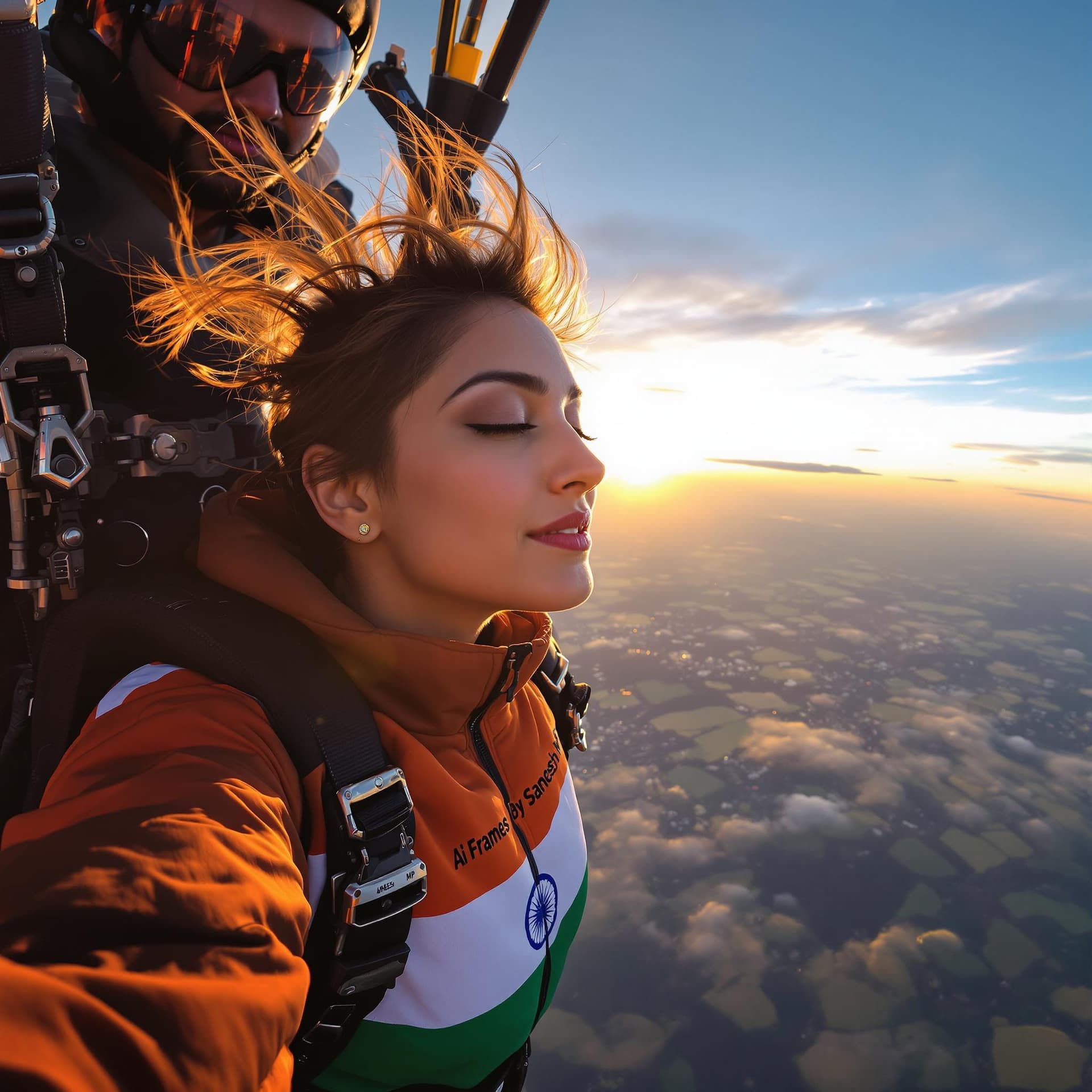 AI generated: A 32-year-old Indian woman with short, wind-swept hair, captured in mid-air during a skydive. Her fa...