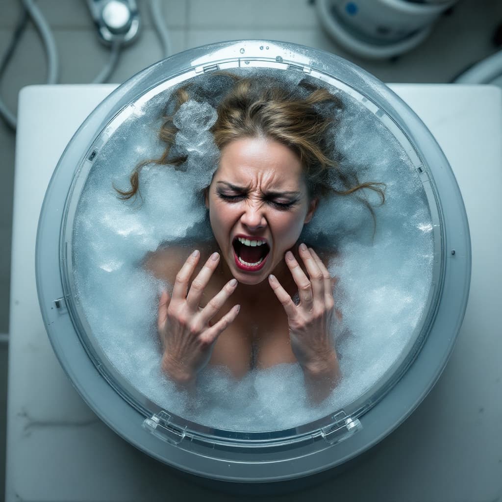 AI generated: A top-down photo of a round block of ice containing Cory Chase. She is cryogenically frozen, encapsu...