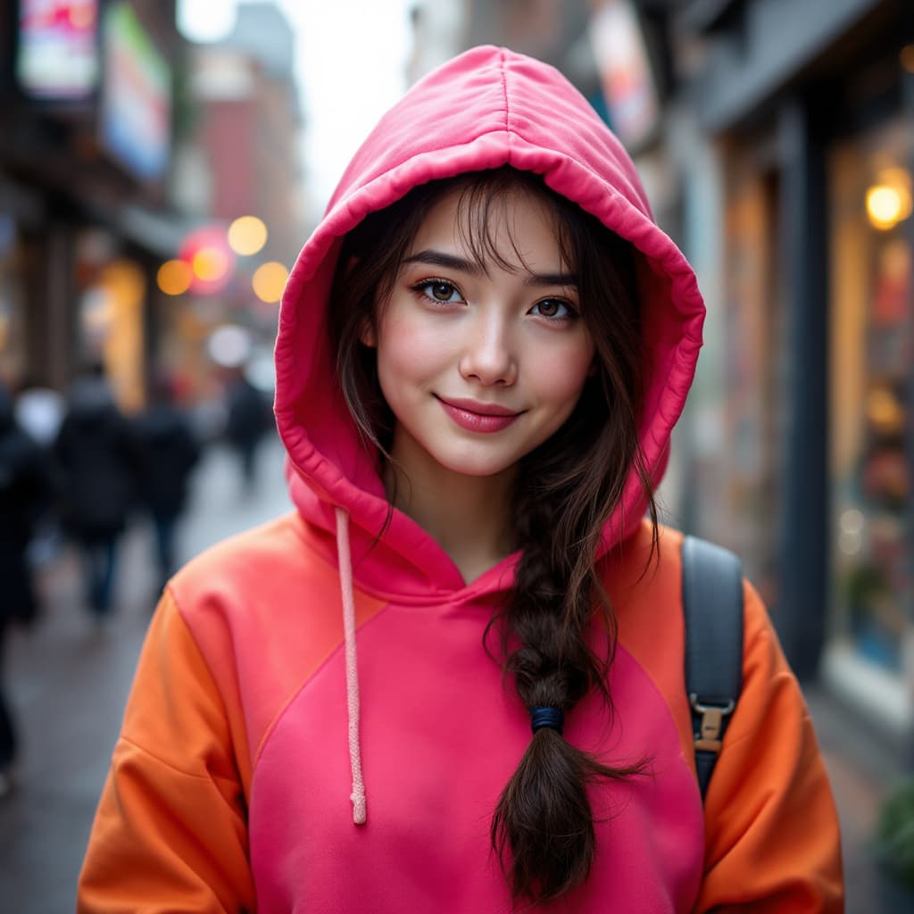 AI generated: a photo of a girl wearing a nice hoodie in the street