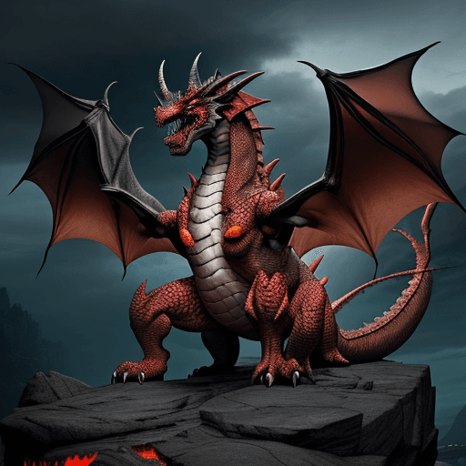 AI generated: The image features a large, fierce dragon with a prominent set of horns, standing on a rocky surface...