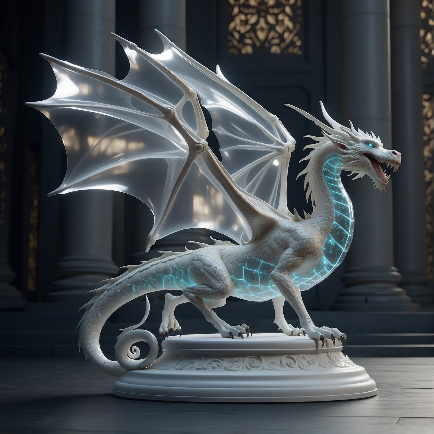 AI generated: very high crystal transparent stiletto dragon, against the backdrop of the royal palace::4 3D render...