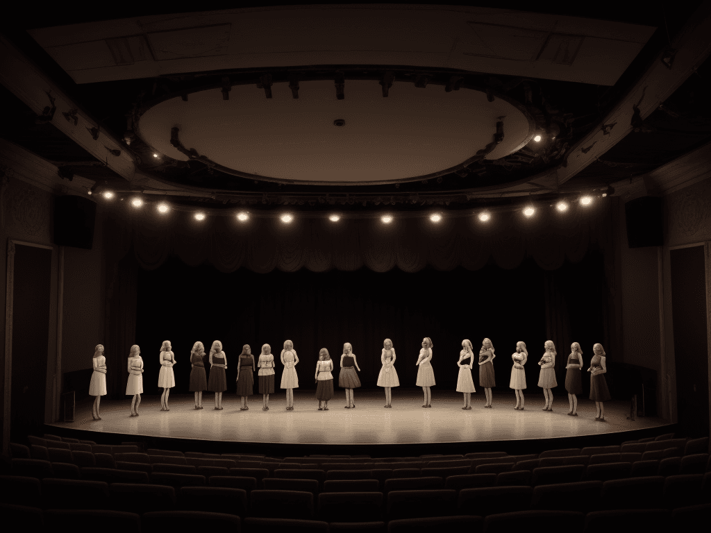 AI generated: a white sign standing on a small old theater stage, 8 women standing and looking at the sign, cinema...