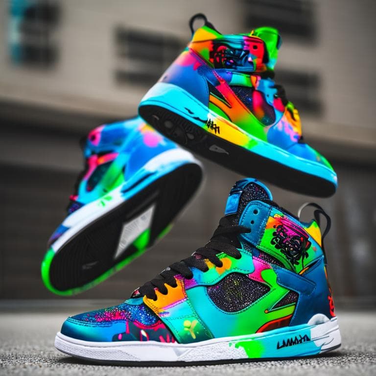 AI generated: graffiti splash art shoe , (detailed stunning environment), cinematic, cover art, (low front angle),...