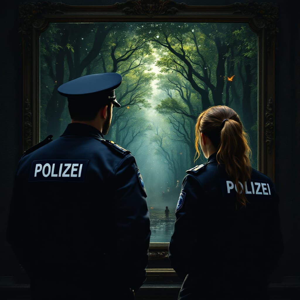 AI generated: Photorealistic a male and a female Police Officer with the writing POLIZEI on their backs in front o...