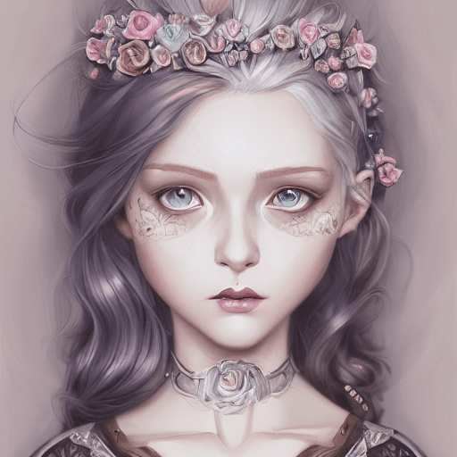 AI generated: a girl  young queen, gótic dark, white hair, realistic, ornamentals, steampunk victorian style, past...