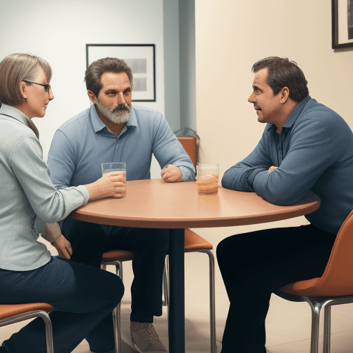 AI generated: Meeting of 3 persons 1 middle aged woman, 1 man i 40s and a middle aged man sitting across a table