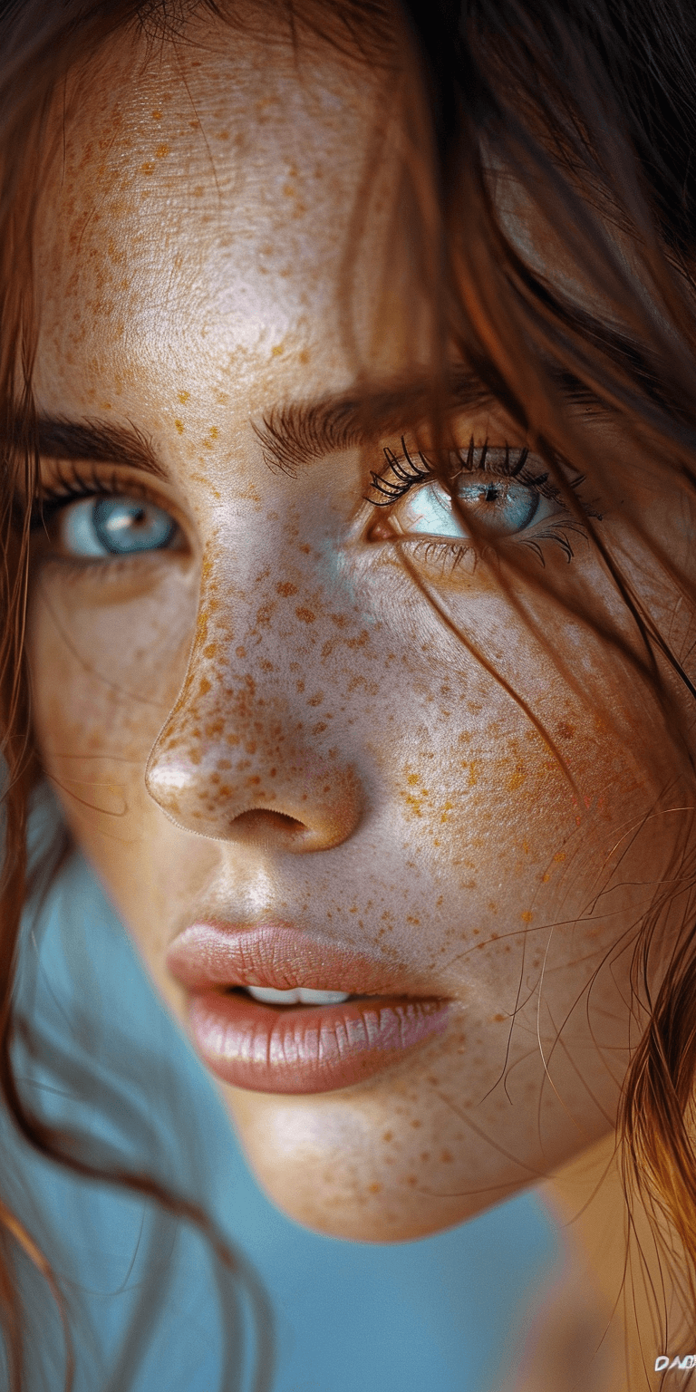 AI generated: a close up image of a woman with freckles on her nose, in the style of vicente romero redondo, elsa ...