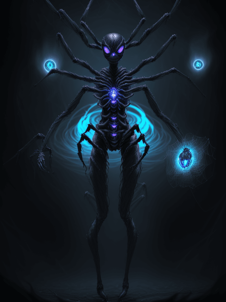 AI generated: Create an 8k image of a terrifying, humanoid spider creature, standing amidst a swirling vortex of d...