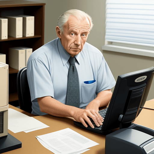 AI generated: Older man ats a service clark handling in parallel computer, telephone on a desk full of paperwork