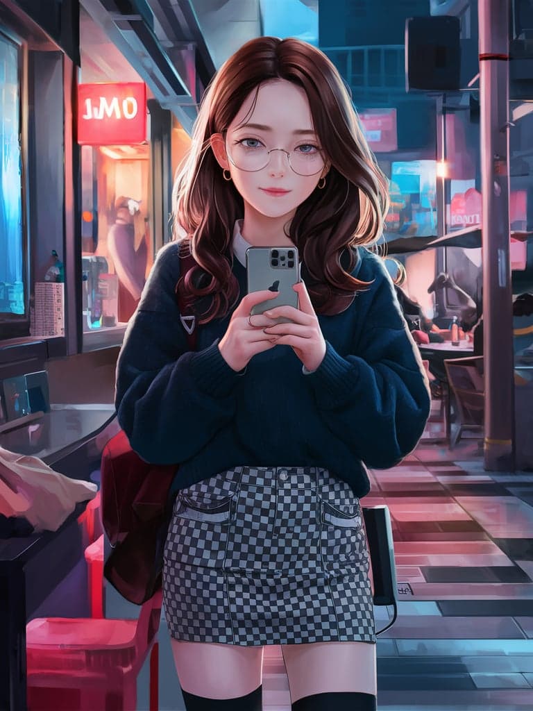 AI generated: Sweet girl holding a smartphone wearing a dark sweater and checkered mini skirt, with long dark brow...