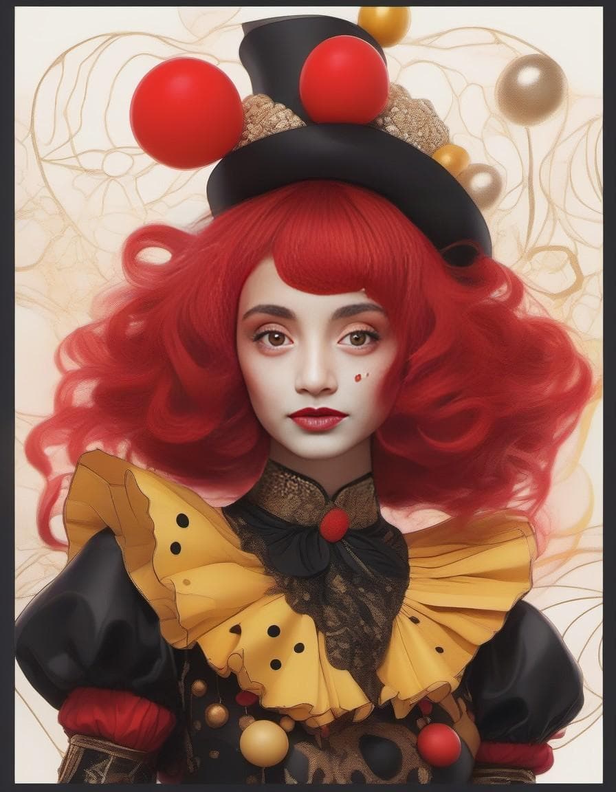 AI generated: a woman dressed as a clown with red hair, in the style of magical girl, colorful moebius, light yell...