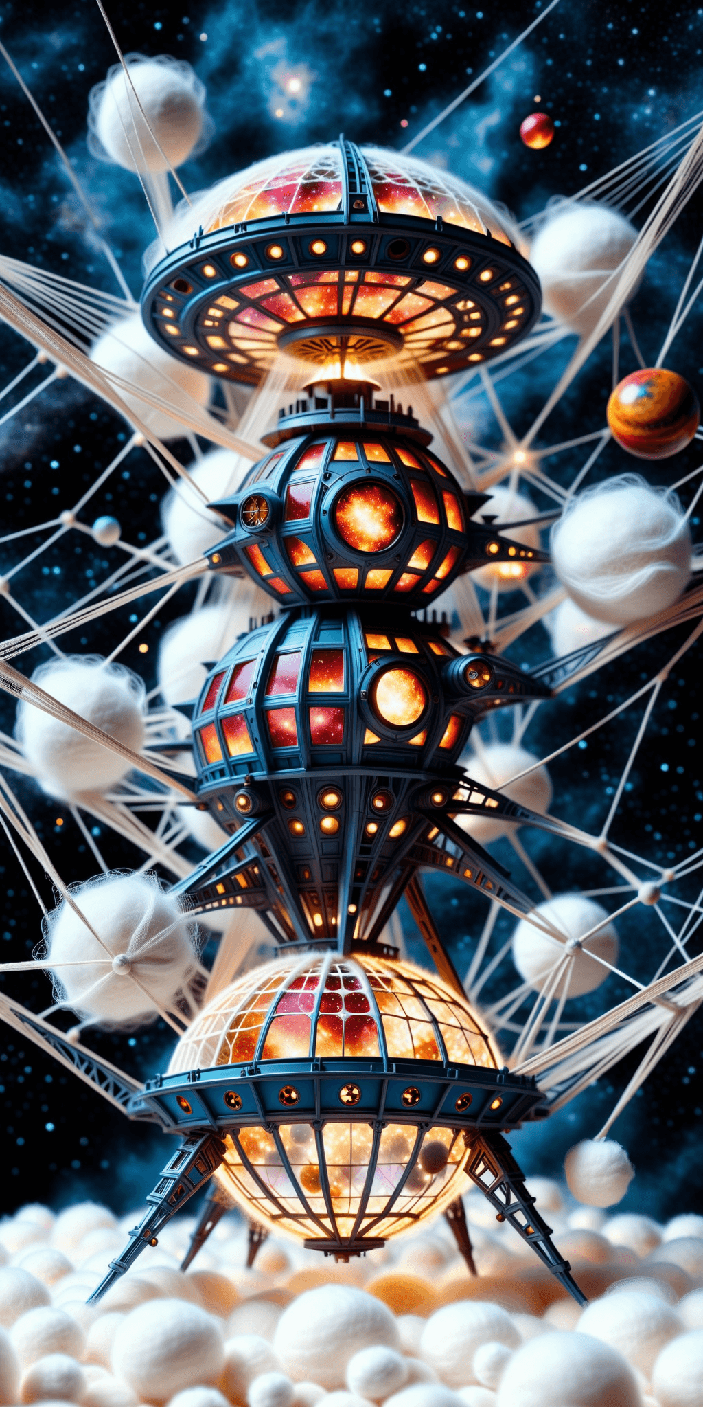AI generated: Extraterrestrial spacecruiser made of ebru colored scaffolding, in a fantasy fantastic universe of d...