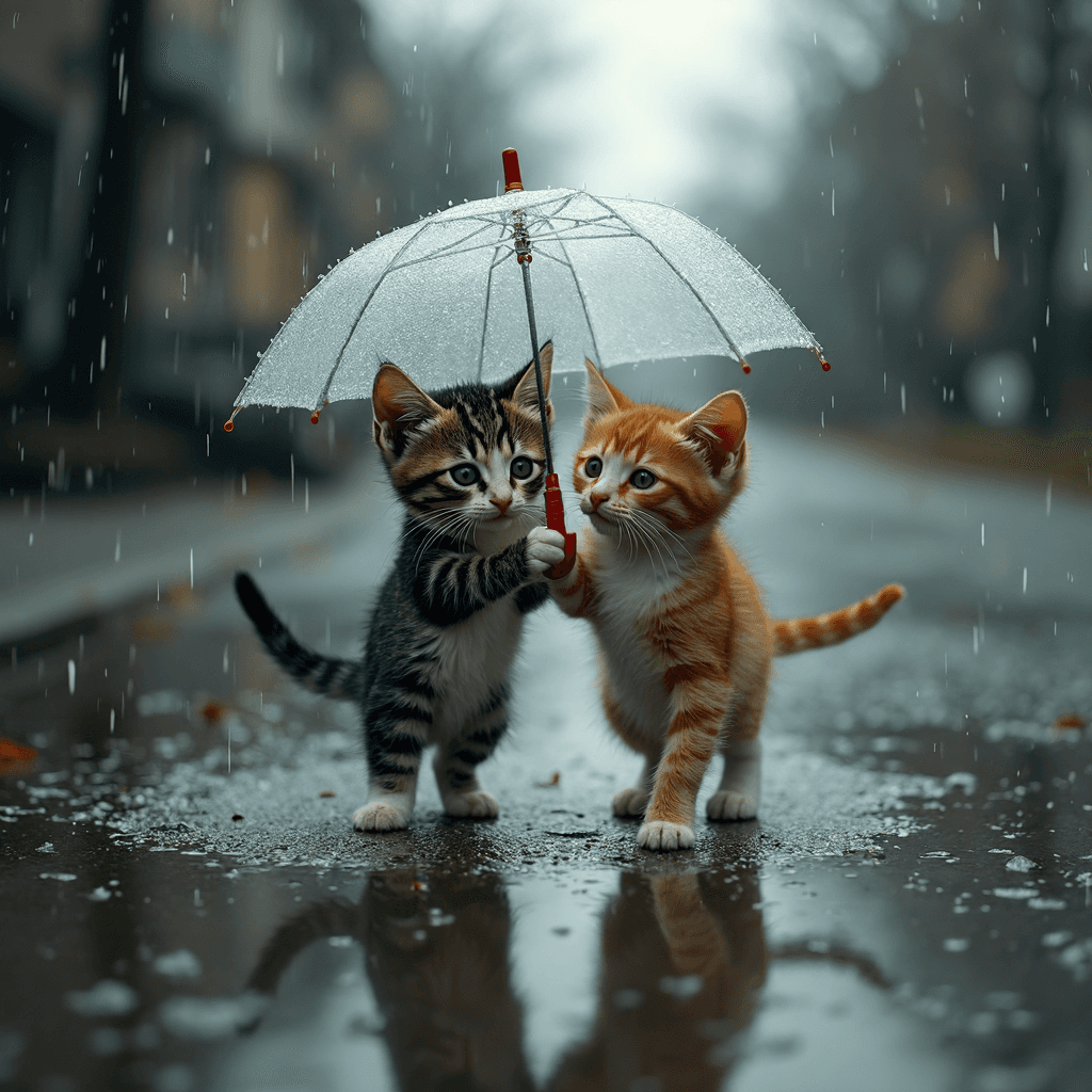 AI generated: A small, black-and-white spotted kitten walks alone in the rain, its fragile body drenched as water ...