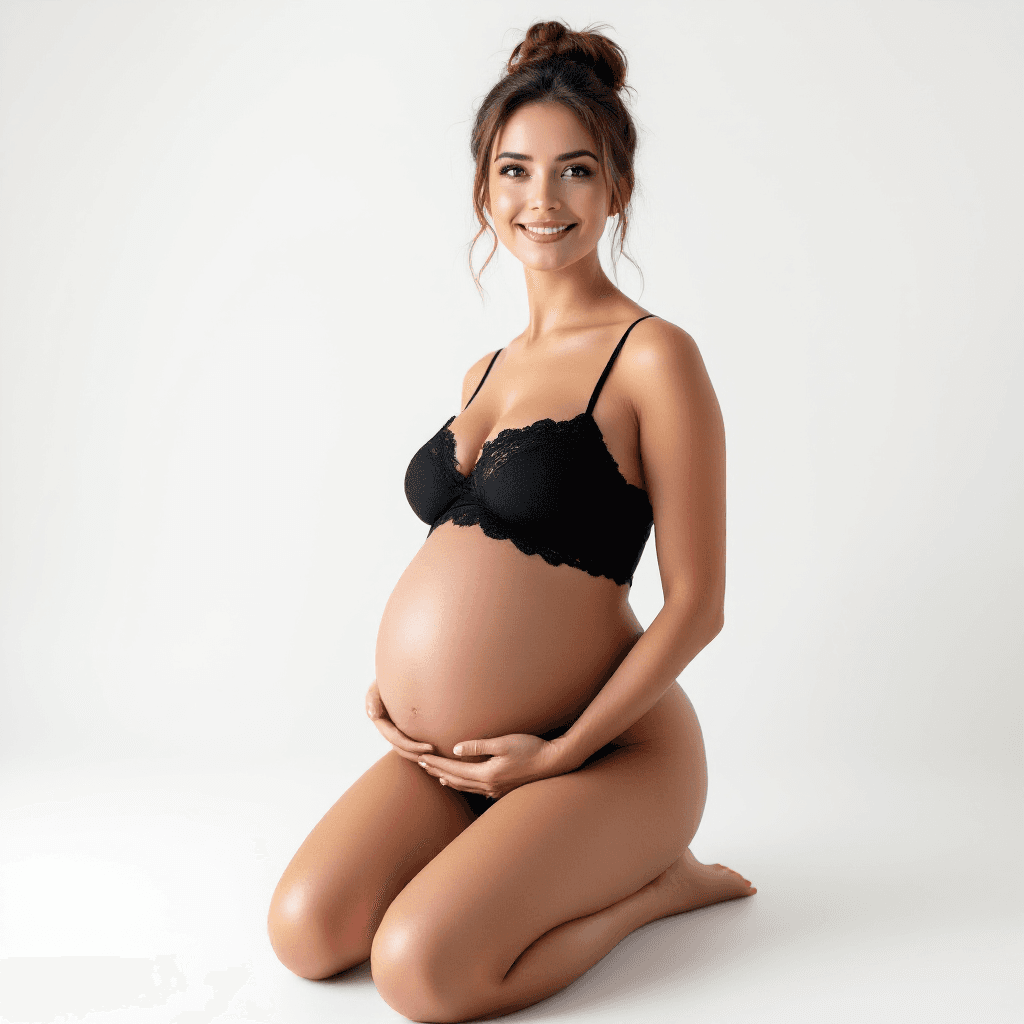 AI generated: A full shot of a 35 years old woman, pregnant of six months, perfect round belly, with fair skin, br...