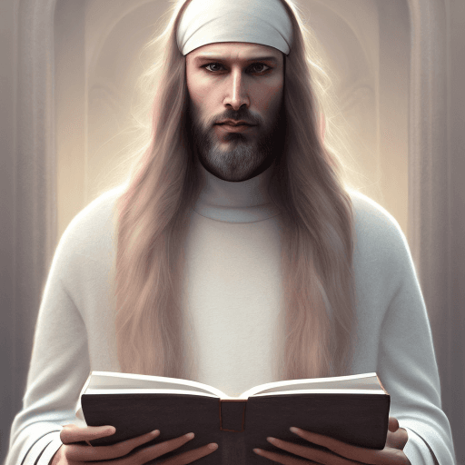 AI generated: portrait of Religious mysteries man , white long hair and scarf on head, mature, peaceful, detailed ...