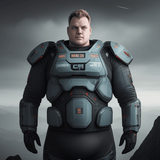 AI generated: sci-fi bild, junger mann, mollig, 130kg, schon mit 18 bekam er Haarausfall und schnitt sich seit dem...