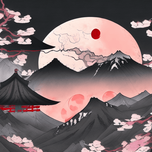 AI generated:  blood stained moon, the last ronin depressed and angry on a Japanese mountain top with cherry bloss...