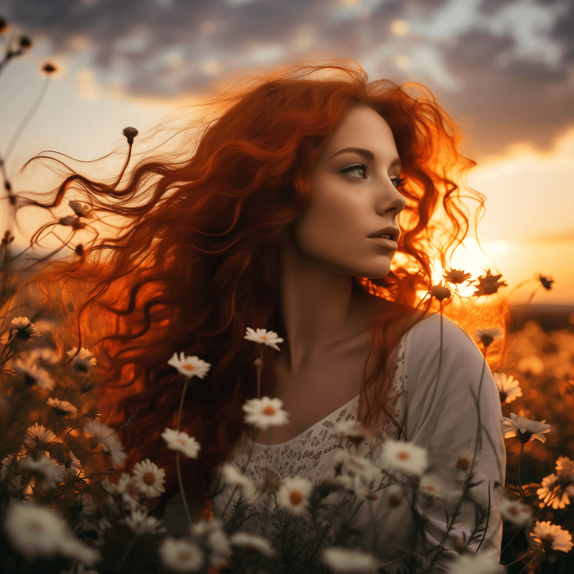 AI generated: ultra high quality photography of beautiful redhead staring at the sunset, in a dreamlike field with...