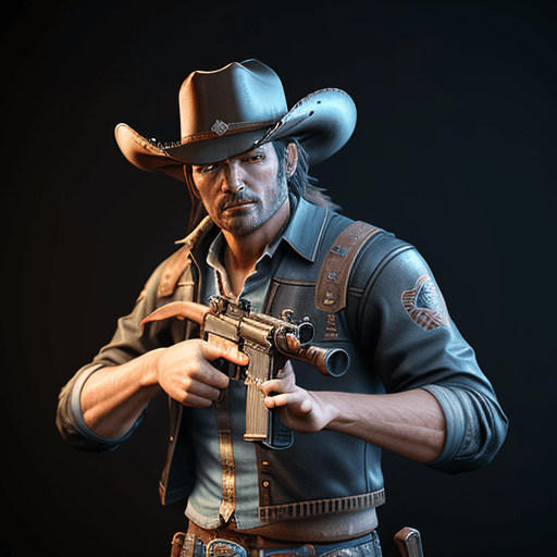 AI generated: Hyper realistic render of a gunslinger outlaw cowboy, macro shot, 3D-model, western, exaggerated, un...