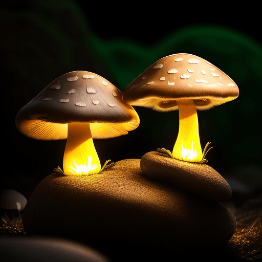AI generated: some mushrooms growing on a rock and glowing.
