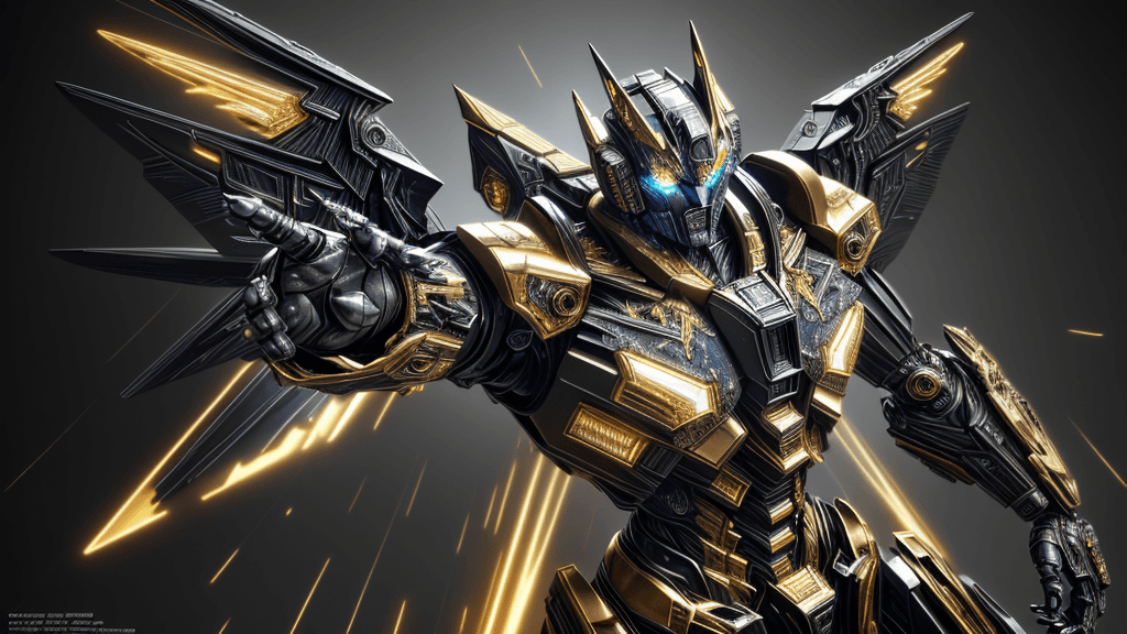 AI generated: Transformers, Intricate Detail, Metal texture, Black and gold Mecha, Dynamic Pose, Blue eyeballs, Bl...