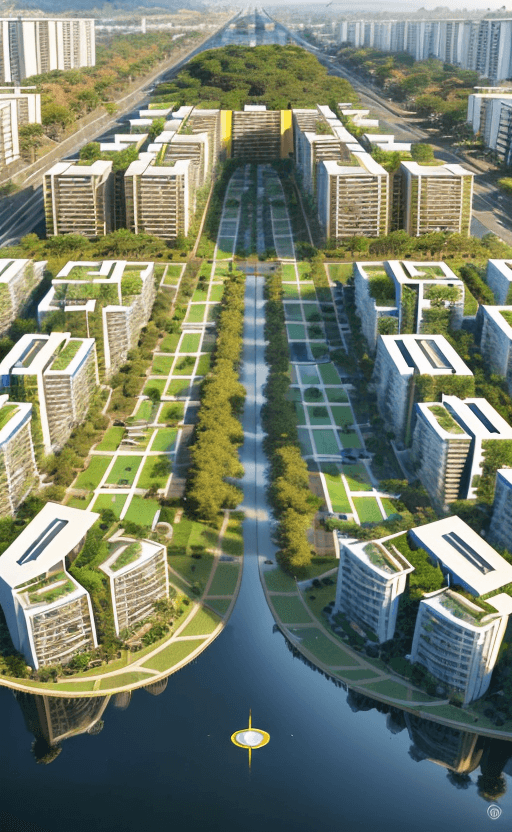 AI generated: a magnificent modern ecotourism village with many different and singular residential buildings desig...