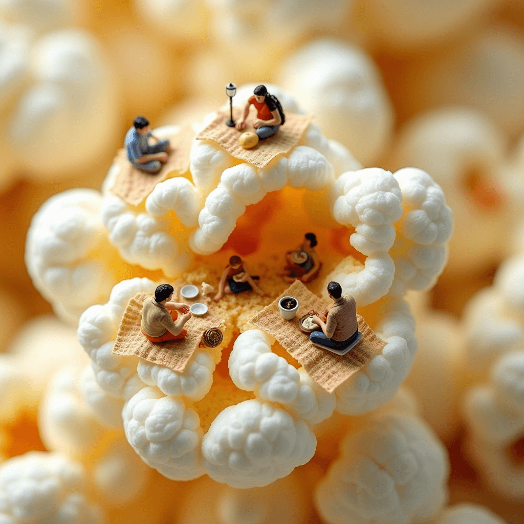 AI generated: A hyper-realistic macro shot of a single popped popcorn kernel, showcasing its fluffy, crinkled text...
