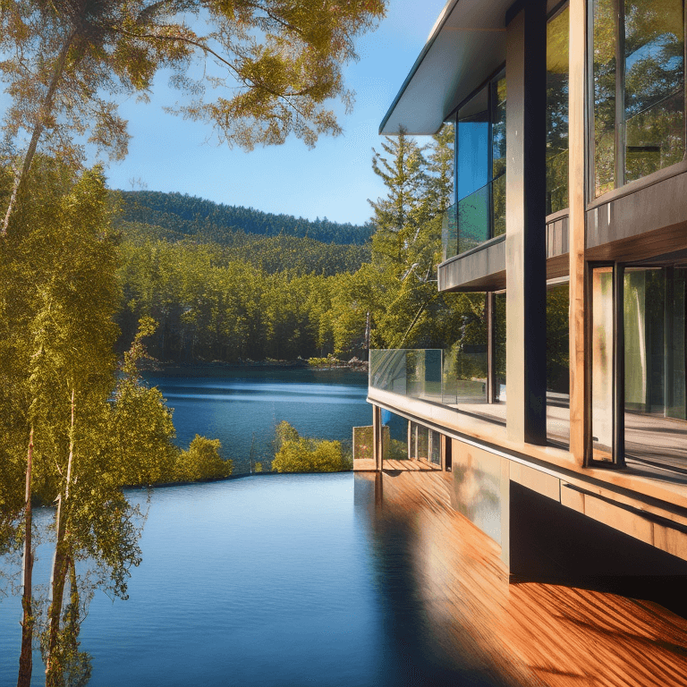 AI generated: Hyper realistic eye level exterior photo of a 21 century modern style house overlooking the blue wat...