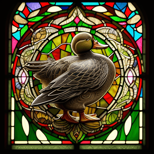 AI generated: A Duck, in the style of a detailed stained glass window, sparkling reflections, hyper-detailed illus...