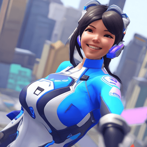 AI generated: Create an action shot of Dva from the Overwatch game, wearing a blue and white spandex bodysuit. She...