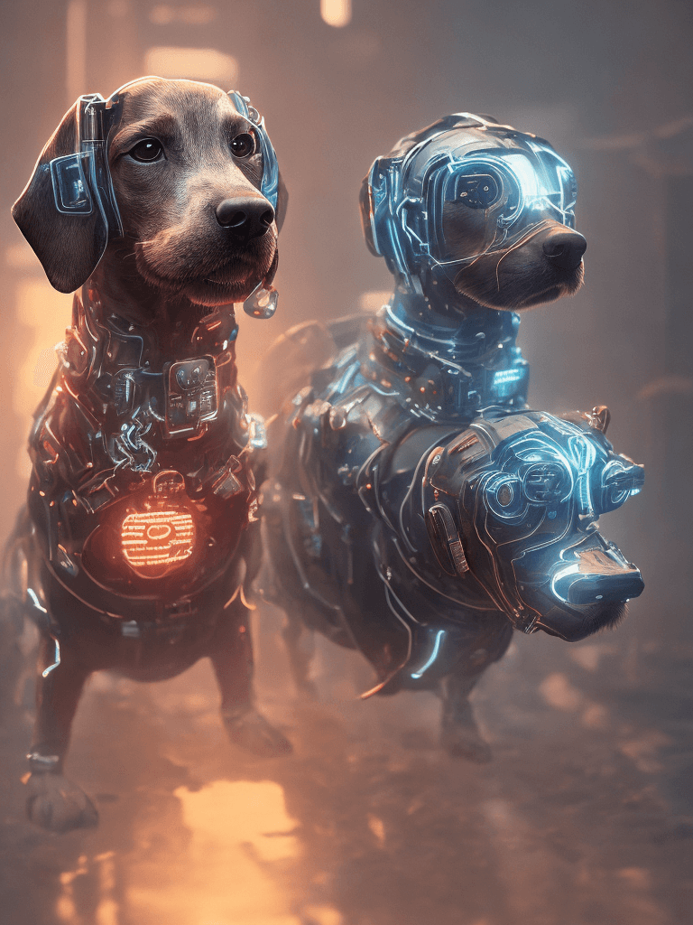 AI generated: Cyberpunk daschound dog, , sausage dog, single portrait, sunset, finely detailed armor, intricate de...