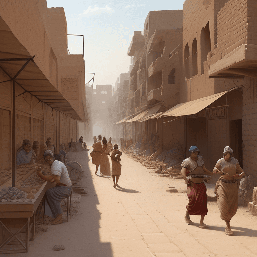 AI generated: Scene set in an ancient Mesopotamian city during the early Bronze Age, illustrating a state of wides...