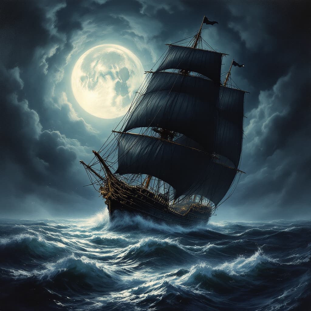 AI generated: Create a highly detailed, dramatic oil painting of a majestic ship with towering black sails, sailin...
